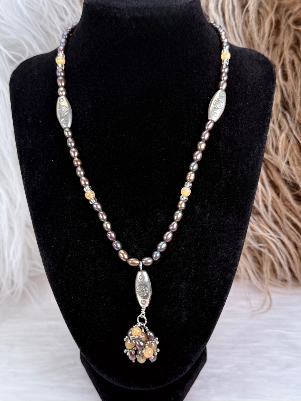 Vintage Faux Pearl Cluster Pendant Necklace Silver Tone Brown Gold Beads